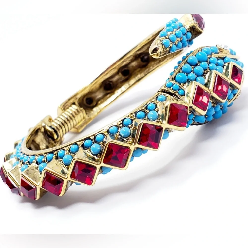 Kenneth Jay Lane KJL Faux Ruby & Turquoise Snake Bangle Bracelet‎ New - Picture 2 of 4